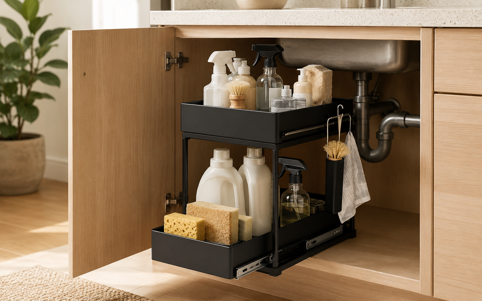 Organizador bajo fregadero extraíble en una cocina ordenada