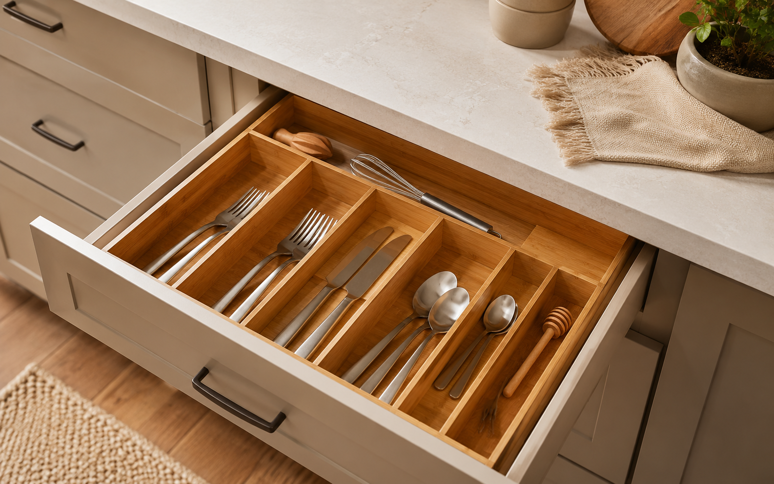 Cajón de cocina ordenado con organizador de cubiertos